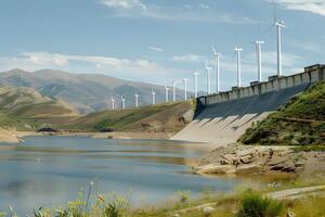 Serene Reservoir Reflects Wind Turbines Generating Clean Energy on Mountainous Landscape, a Symbol of Sustainable Development and Environmental Harmony. photo