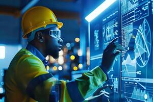 Engineer Interacts with Advanced Digital Control Panel, Monitoring System Data and Visualizing Complex Processes Efficiently in Industrial Setting, Enhancing Production and Safety. Modern Technology photo