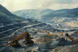 Open-Pit Mining. Heavy Machinery Extracts Resources from Mountainous Terrain, Transforming Landscapes with Industrial Processes. Environmental Impact and Resource Extraction in a Changing World. photo