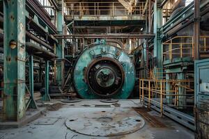 Exploring the Decaying Grandeur. A Journey Through an Abandoned Industrial Complex, Revealing Rusting Machinery and Crumbling Infrastructure, Witnessing the Silent Story of Technological Obsolescence photo