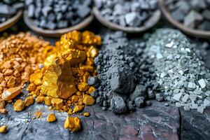 Exploring the Luster of Minerals. Gold, Coal, and Silver Ore Samples Displayed Close-Up, Revealing their Unique Textures and Colors. Examining the Diverse Properties of Earth's Treasures. photo
