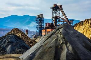 Industrial Processing Plant. Conveying and Sorting Raw Materials Efficiently in a Mountainous Landscape with Advanced Machinery, Displaying Efficient Resource Management Techniques. photo