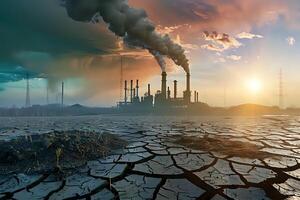 Industrial Pollution Causes Environmental Damage. A Sunset View of a Cracked Earth and Factory Smoke, Showing the Devastating Effects of Air Pollution and Climate Change on Our Planet's Ecosystems photo