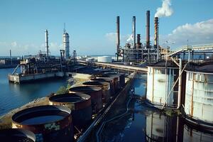 Industrial Complex. Coastal Refinery with Large Storage Tanks and Smoke Stacks Processes Crude Oil Efficiently under a Clear Sky, Displaying Modern Industrial Architecture and Technology. photo