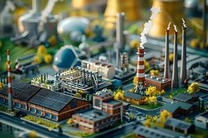 Exploring a Miniature Industrial Cityscape. Factories, Smokestacks, and Modern Buildings with Lush Greenery, Showcasing Sustainable Industrial Design and Technological Advancements photo