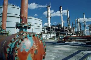 Exploring the Industrial Complex. A Close Look at Pipes, Tanks, and Towers Under a Sunny Sky, Revealing the Intricate Network of a Refinery's Infrastructure with Rusty Pipes and Aged Metal photo