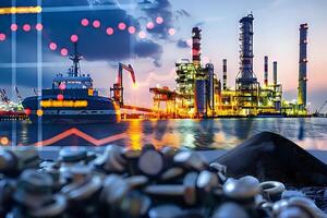 Analyzing Industrial Refinery Operations. Vessel Transport, Resource Management, and Market Trends Affecting Production and Global Supply Chains, Illuminated by Data Visualization. photo