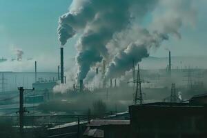 Industrial Smokestacks Release Pollution into the Atmosphere, Creating a Hazy Landscape, Impacting Air Quality and the Environment, photo