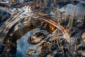 Aerial View of Heavy Machinery Excavating Earth and Transforming Landscape with Dramatic Mud and Water Features, Revealing the Raw Power of Industrial Processes in a Degraded Environment. photo