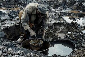 A Worker Carefully Separates and Processes Materials in a Debris-Filled Landscape, Utilizing Basic Tools and Containers amidst Challenging Conditions. photo