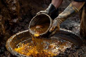 Gloved Hands Pour Golden Liquid from a Container into a Larger Basin, a Viscous Substance Splashes and Drips During Transfer, Industrial Process of Resource Extraction and Collection photo