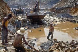 Workers Excavate Mineral Ore from a Mountainous Pit Using Heavy Machinery, Transporting Extracted Materials to Processing Areas. Manual Laborers in Hard Hats and Protective Gear Carefully Sort photo
