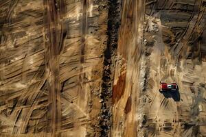 Aerial View Reveals Intricate Patterns of Tire Tracks Across a Vast, Sandy Landscape, a Single Vehicle Traversing the Terrain, Illustrating Industrial Processes and Geological Formations photo