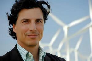 A Man Smiles Confidently Near Wind Turbines. Harnessing Clean Energy for a Sustainable Future, A Symbol of Progress in Renewable Technologies, Promoting Environmental Responsibility. photo