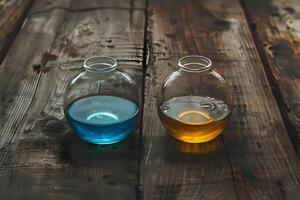 Glass Vessels Containing Blue and Gold Liquids Rest on Rustic Wooden Surface, Displaying Vibrant Hues and Textured Contrast, Evoking a Sense of Mystery and Alchemy. photo