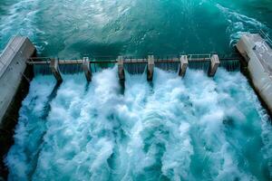 Hydroelectric Dam. Water Power Generation, Turbulent Flow Rushing Through Gates, Creating Whitewater, Impressive Engineering Feat, Renewable Energy Source, Sustainable Power, Clean Energy Production, photo