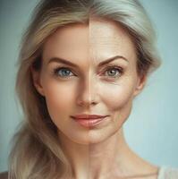 Transformation of a woman's face demonstrating aging effects side by side for comparison purposes photo