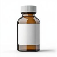 Brown glass bottle with white label for labeling purposes in various applications photo