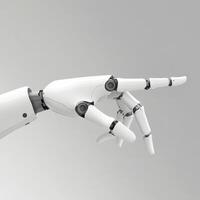 Robotic hand reaching out with precision in a modern design against a neutral background photo
