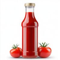 Fresh tomatoes and a bottle of ketchup on a plain background highlighting natural ingredients and flavors photo