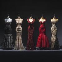 Elegant evening gowns displayed in a boutique highlighting intricate designs and luxurious fabrics photo