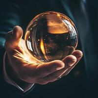 Man holds a shimmering crystal ball reflecting warm light in a stylish indoor setting photo