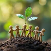 Figures made of natural materials hold hands around a young plant growing from rich soil in a sunny environment photo