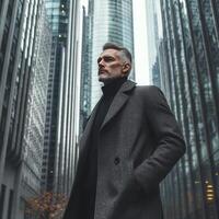 Stylish man in modern urban setting dressed in a gray coat against a backdrop of skyscrapers photo