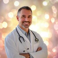 Healthcare professional smiles confidently while wearing a white coat and stethoscope against a soft blurred background photo