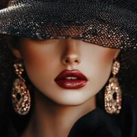 Elegant woman with bold makeup and dramatic hat in a sophisticated setting during a glamorous evening event photo