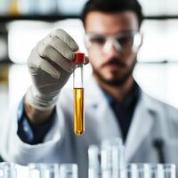 Researcher holding a test tube with a yellow liquid in a laboratory setting under bright lighting photo