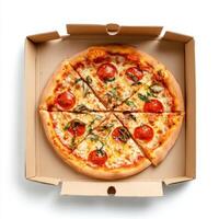 Freshly baked pepperoni pizza served in a takeout box ready for delivery to enjoy at home photo