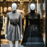 Elegant mannequins display stylish clothing in a boutique window during the fall season photo