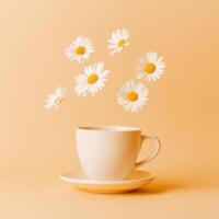 Coffee cup with floating daisies in a warm orange setting creates a whimsical atmosphere for relaxation photo
