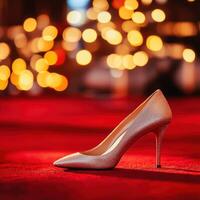 Sparkling high heel shoe placed on a red carpet with blurred lights in the background during an evening event photo