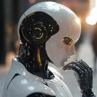 Advanced humanoid robot contemplating in a futuristic setting with intricate mechanical details photo