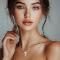 Elegant woman showcases silver necklace with intricate design in soft natural light photo