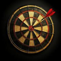 Dartboard with Perfectly Aimed Dart Centered on Bullseye During Evening Game Night photo