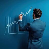 Business professional drawing a growth chart on a blue wall during a presentation in an office setting photo