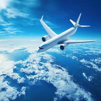 Soaring above the clouds on a sunny day with a clear view of the earth and ocean below photo