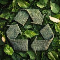 Recycling symbol made from fabric positioned on green leafy background promoting environmental awareness in sustainability practices photo