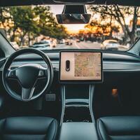 Interior view of a modern electric car showcasing a large touchscreen display with navigation at sunset photo