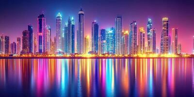 Spectacular city skyline reflection at dusk with vibrant lights and towering skyscrapers photo