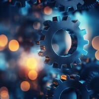 Gears interlocking in a dynamic display of industrial mechanics with glowing background lights photo