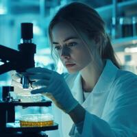 Scientist examining samples under a microscope in a modern laboratory during evening hours photo