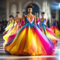 Models showcase vibrant gowns in a fashion show highlighting rainbow colors in a grand venue during evening hours photo