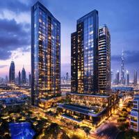 Modern skyscrapers illuminated at dusk with city skyline featuring iconic buildings in the background photo