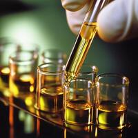 Laboratory technician conducts experiment with yellow liquid in glass test tubes during research study photo