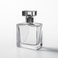 Elegant glass perfume bottle displayed on a clean surface with soft lighting emphasizing its shape and clarity photo
