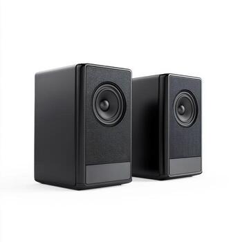 Modern black speakers designed for enhanced sound quality in home audio setups and streaming music experiences photo